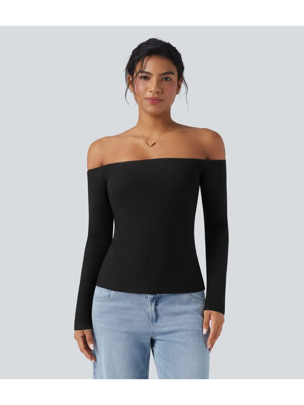 Halara Ribbed Knit Off Shoulder Long Sleeve 2-in-1 Casual Top Black Size XS - Picture 7 of 9